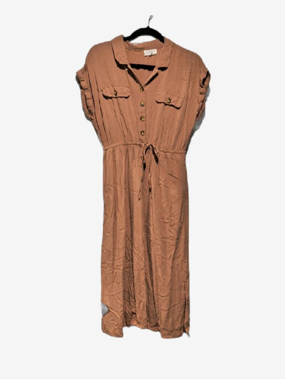 Lucky Brand Rust Terracotta Button Front Midi Dress M Short Sleeve Tie Waist